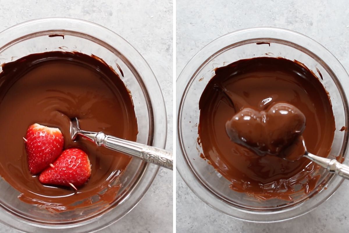 Dipping the strawberry into the melted chocolate.