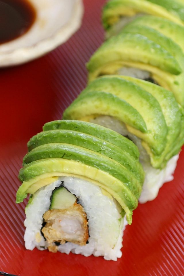 Dragon Roll (Shrimp Tempura Roll with Avocado Topping)