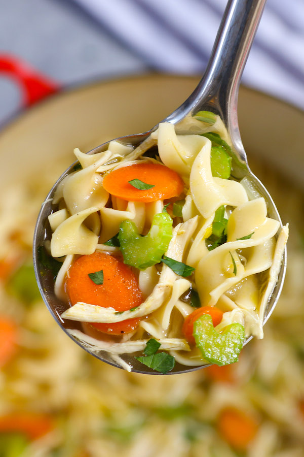 Dutch Oven Chicken Noodle is a classic hearty and comforting soup loaded with tender chicken, soft noodles and vegetables, then simmered in a rich and flavorful chicken broth. It ‘s one of my favorite soup recipes and perfect for making ahead for a busy week.